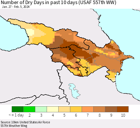 Azerbaijan, Armenia and Georgia Number of Dry Days in past 10 days (USAF 557th WW) Thematic Map For 2/1/2024 - 2/5/2024