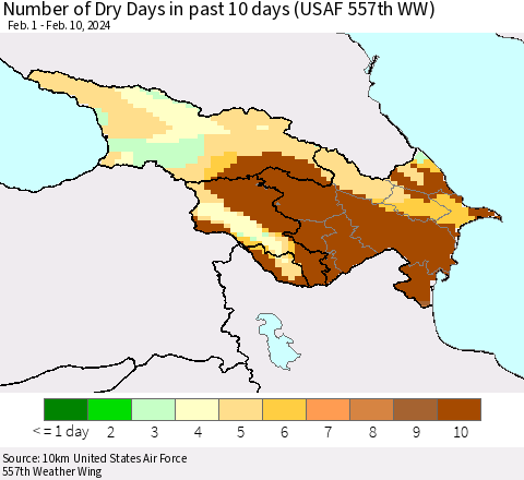 Azerbaijan, Armenia and Georgia Number of Dry Days in past 10 days (USAF 557th WW) Thematic Map For 2/6/2024 - 2/10/2024