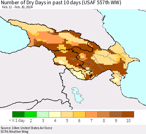 Azerbaijan, Armenia and Georgia Number of Dry Days in past 10 days (USAF 557th WW) Thematic Map For 2/16/2024 - 2/20/2024