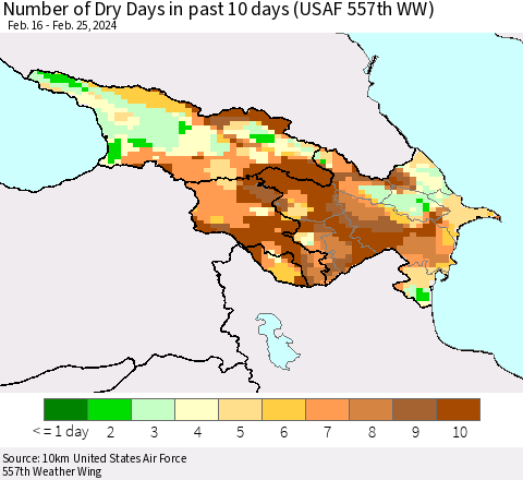 Azerbaijan, Armenia and Georgia Number of Dry Days in past 10 days (USAF 557th WW) Thematic Map For 2/21/2024 - 2/25/2024