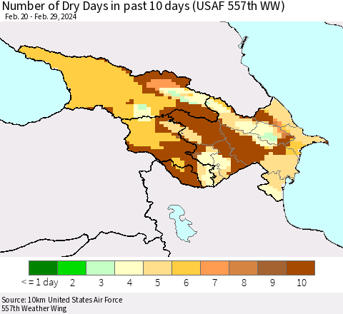 Azerbaijan, Armenia and Georgia Number of Dry Days in past 10 days (USAF 557th WW) Thematic Map For 2/26/2024 - 2/29/2024
