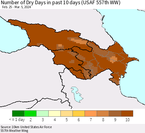 Azerbaijan, Armenia and Georgia Number of Dry Days in past 10 days (USAF 557th WW) Thematic Map For 3/1/2024 - 3/5/2024