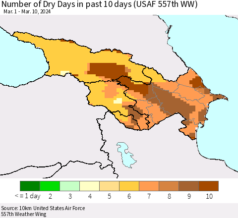 Azerbaijan, Armenia and Georgia Number of Dry Days in past 10 days (USAF 557th WW) Thematic Map For 3/6/2024 - 3/10/2024
