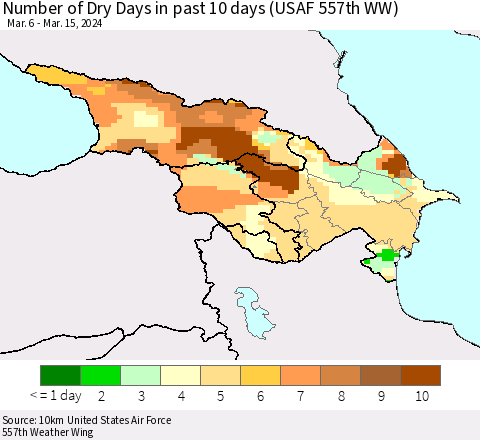 Azerbaijan, Armenia and Georgia Number of Dry Days in past 10 days (USAF 557th WW) Thematic Map For 3/11/2024 - 3/15/2024
