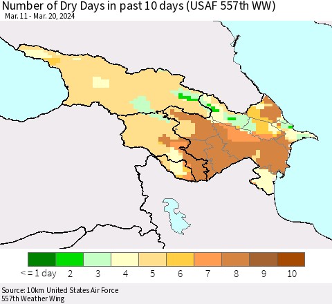 Azerbaijan, Armenia and Georgia Number of Dry Days in past 10 days (USAF 557th WW) Thematic Map For 3/16/2024 - 3/20/2024