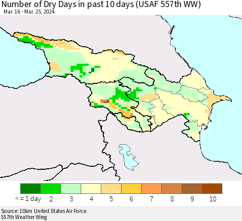 Azerbaijan, Armenia and Georgia Number of Dry Days in past 10 days (USAF 557th WW) Thematic Map For 3/21/2024 - 3/25/2024