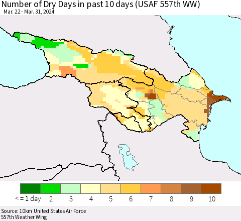 Azerbaijan, Armenia and Georgia Number of Dry Days in past 10 days (USAF 557th WW) Thematic Map For 3/26/2024 - 3/31/2024