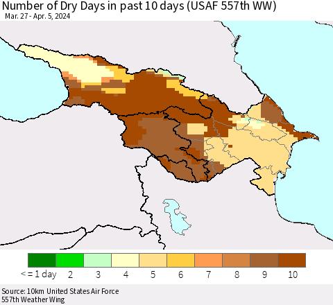 Azerbaijan, Armenia and Georgia Number of Dry Days in past 10 days (USAF 557th WW) Thematic Map For 4/1/2024 - 4/5/2024