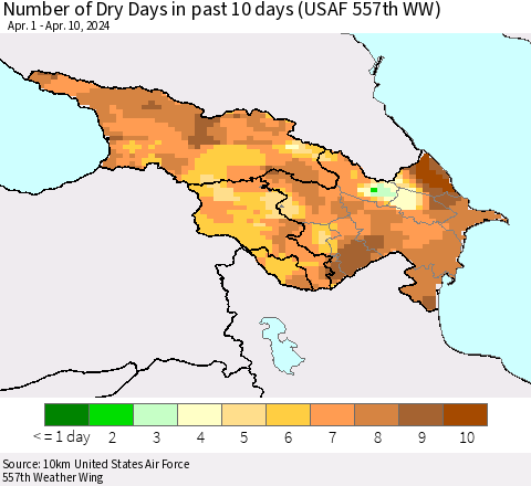 Azerbaijan, Armenia and Georgia Number of Dry Days in past 10 days (USAF 557th WW) Thematic Map For 4/6/2024 - 4/10/2024