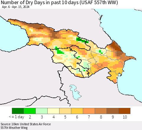 Azerbaijan, Armenia and Georgia Number of Dry Days in past 10 days (USAF 557th WW) Thematic Map For 4/11/2024 - 4/15/2024