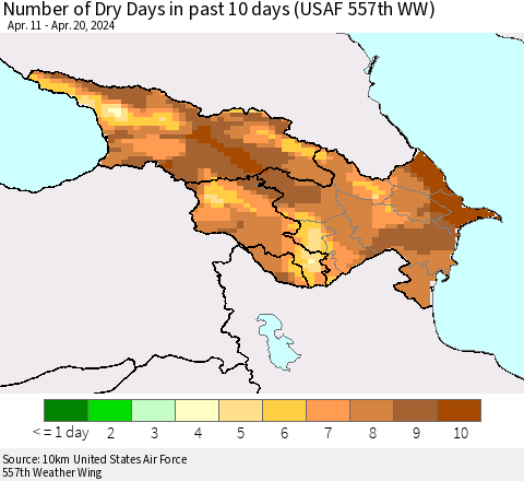 Azerbaijan, Armenia and Georgia Number of Dry Days in past 10 days (USAF 557th WW) Thematic Map For 4/16/2024 - 4/20/2024