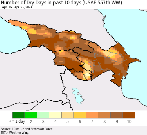 Azerbaijan, Armenia and Georgia Number of Dry Days in past 10 days (USAF 557th WW) Thematic Map For 4/21/2024 - 4/25/2024