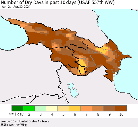 Azerbaijan, Armenia and Georgia Number of Dry Days in past 10 days (USAF 557th WW) Thematic Map For 4/26/2024 - 4/30/2024