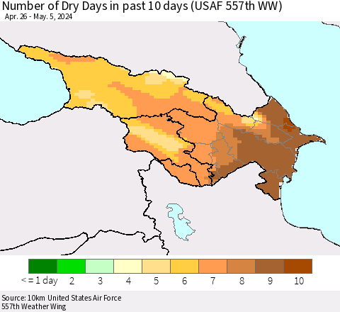Azerbaijan, Armenia and Georgia Number of Dry Days in past 10 days (USAF 557th WW) Thematic Map For 5/1/2024 - 5/5/2024