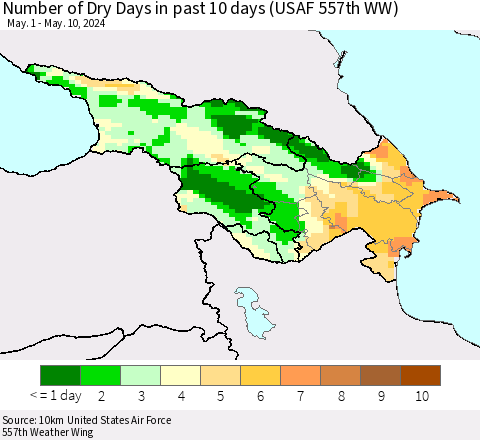Azerbaijan, Armenia and Georgia Number of Dry Days in past 10 days (USAF 557th WW) Thematic Map For 5/6/2024 - 5/10/2024