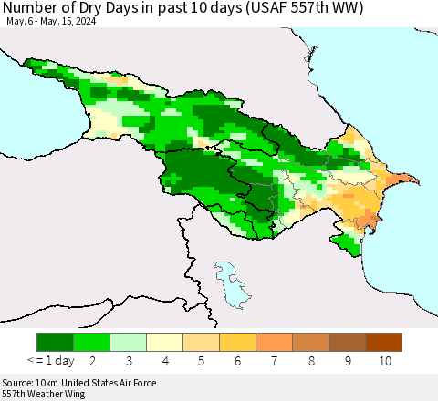 Azerbaijan, Armenia and Georgia Number of Dry Days in past 10 days (USAF 557th WW) Thematic Map For 5/11/2024 - 5/15/2024