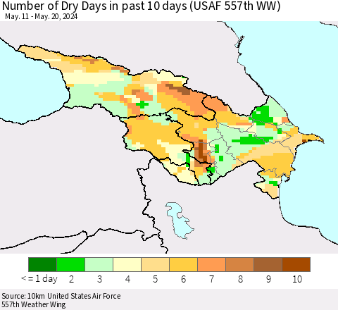 Azerbaijan, Armenia and Georgia Number of Dry Days in past 10 days (USAF 557th WW) Thematic Map For 5/16/2024 - 5/20/2024