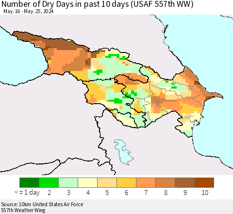 Azerbaijan, Armenia and Georgia Number of Dry Days in past 10 days (USAF 557th WW) Thematic Map For 5/21/2024 - 5/25/2024