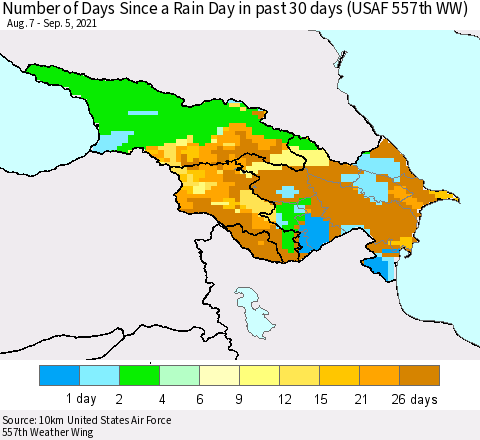 Azerbaijan, Armenia and Georgia Number of Days Since a Rain Day in past 30 days (USAF 557th WW) Thematic Map For 9/1/2021 - 9/5/2021