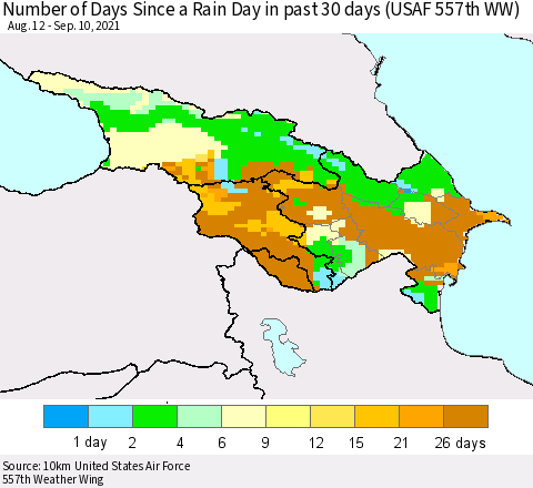 Azerbaijan, Armenia and Georgia Number of Days Since a Rain Day in past 30 days (USAF 557th WW) Thematic Map For 9/6/2021 - 9/10/2021