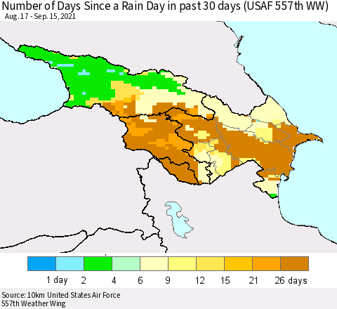 Azerbaijan, Armenia and Georgia Number of Days Since a Rain Day in past 30 days (USAF 557th WW) Thematic Map For 9/11/2021 - 9/15/2021