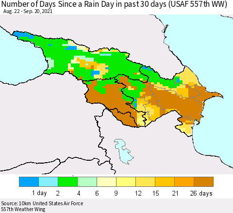 Azerbaijan, Armenia and Georgia Number of Days Since a Rain Day in past 30 days (USAF 557th WW) Thematic Map For 9/16/2021 - 9/20/2021