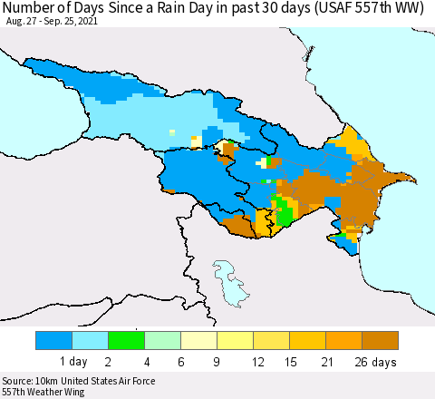 Azerbaijan, Armenia and Georgia Number of Days Since a Rain Day in past 30 days (USAF 557th WW) Thematic Map For 9/21/2021 - 9/25/2021