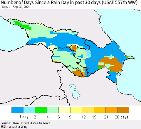 Azerbaijan, Armenia and Georgia Number of Days Since a Rain Day in past 30 days (USAF 557th WW) Thematic Map For 9/26/2021 - 9/30/2021