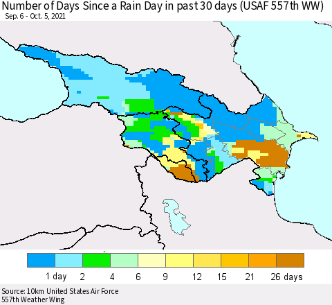 Azerbaijan, Armenia and Georgia Number of Days Since a Rain Day in past 30 days (USAF 557th WW) Thematic Map For 10/1/2021 - 10/5/2021