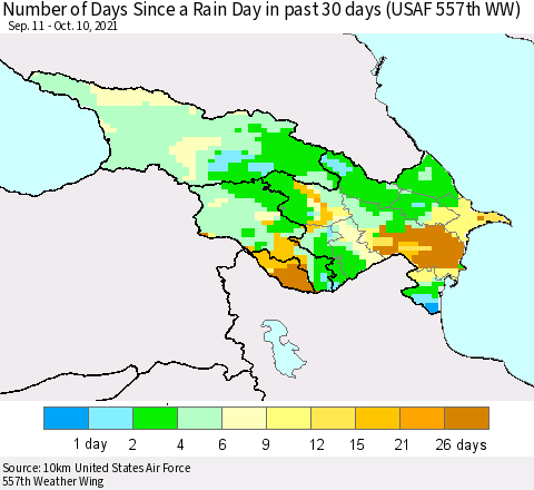 Azerbaijan, Armenia and Georgia Number of Days Since a Rain Day in past 30 days (USAF 557th WW) Thematic Map For 10/6/2021 - 10/10/2021