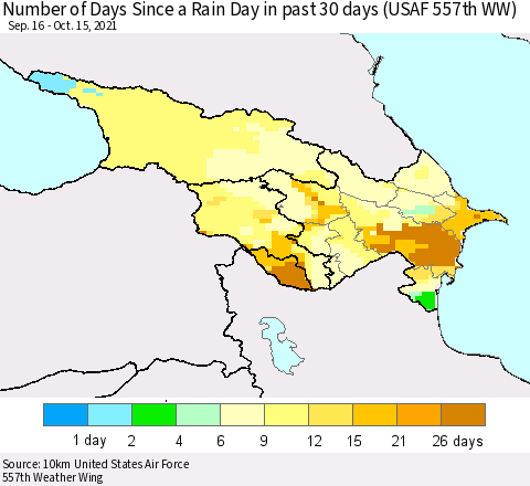 Azerbaijan, Armenia and Georgia Number of Days Since a Rain Day in past 30 days (USAF 557th WW) Thematic Map For 10/11/2021 - 10/15/2021