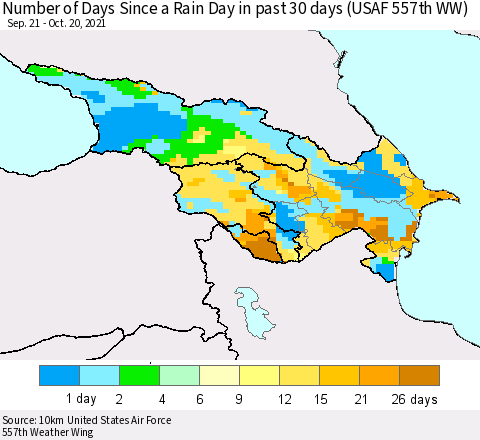 Azerbaijan, Armenia and Georgia Number of Days Since a Rain Day in past 30 days (USAF 557th WW) Thematic Map For 10/16/2021 - 10/20/2021