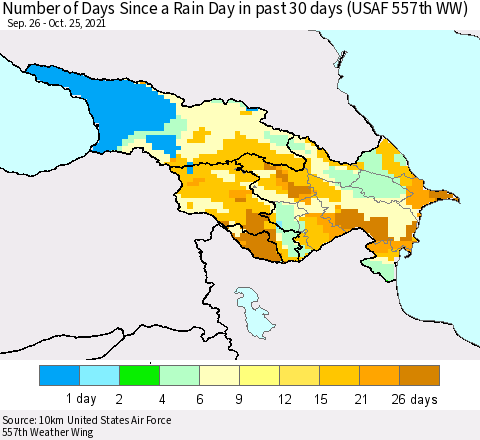 Azerbaijan, Armenia and Georgia Number of Days Since a Rain Day in past 30 days (USAF 557th WW) Thematic Map For 10/21/2021 - 10/25/2021
