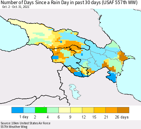 Azerbaijan, Armenia and Georgia Number of Days Since a Rain Day in past 30 days (USAF 557th WW) Thematic Map For 10/26/2021 - 10/31/2021