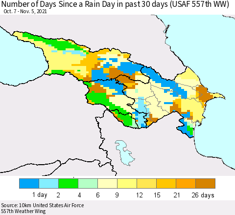 Azerbaijan, Armenia and Georgia Number of Days Since a Rain Day in past 30 days (USAF 557th WW) Thematic Map For 11/1/2021 - 11/5/2021