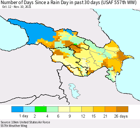 Azerbaijan, Armenia and Georgia Number of Days Since a Rain Day in past 30 days (USAF 557th WW) Thematic Map For 11/6/2021 - 11/10/2021