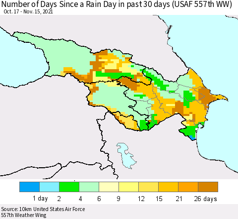 Azerbaijan, Armenia and Georgia Number of Days Since a Rain Day in past 30 days (USAF 557th WW) Thematic Map For 11/11/2021 - 11/15/2021