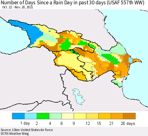 Azerbaijan, Armenia and Georgia Number of Days Since a Rain Day in past 30 days (USAF 557th WW) Thematic Map For 11/16/2021 - 11/20/2021
