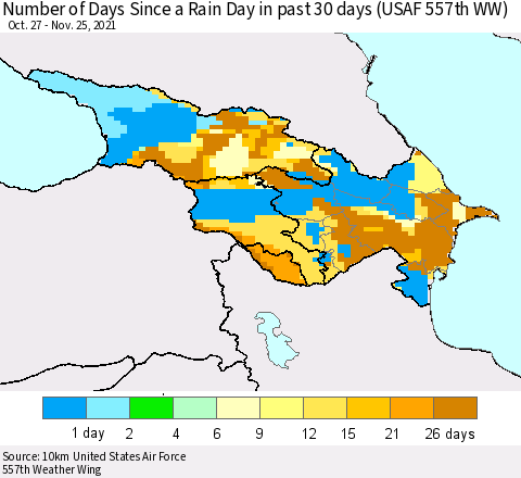 Azerbaijan, Armenia and Georgia Number of Days Since a Rain Day in past 30 days (USAF 557th WW) Thematic Map For 11/21/2021 - 11/25/2021