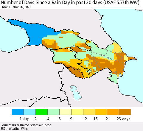 Azerbaijan, Armenia and Georgia Number of Days Since a Rain Day in past 30 days (USAF 557th WW) Thematic Map For 11/26/2021 - 11/30/2021