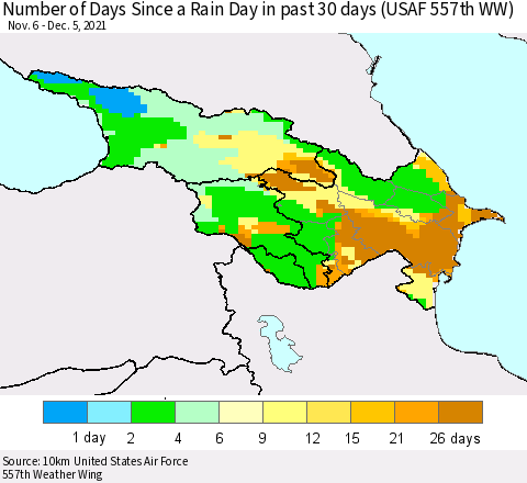 Azerbaijan, Armenia and Georgia Number of Days Since a Rain Day in past 30 days (USAF 557th WW) Thematic Map For 12/1/2021 - 12/5/2021