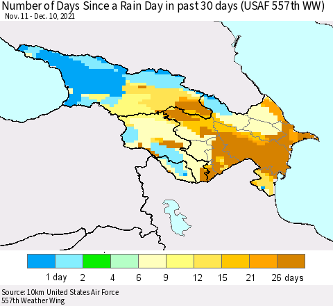 Azerbaijan, Armenia and Georgia Number of Days Since a Rain Day in past 30 days (USAF 557th WW) Thematic Map For 12/6/2021 - 12/10/2021