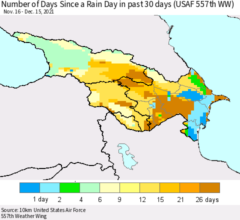 Azerbaijan, Armenia and Georgia Number of Days Since a Rain Day in past 30 days (USAF 557th WW) Thematic Map For 12/11/2021 - 12/15/2021