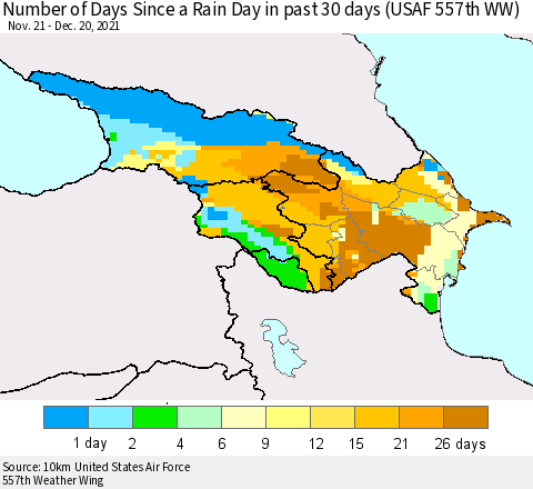 Azerbaijan, Armenia and Georgia Number of Days Since a Rain Day in past 30 days (USAF 557th WW) Thematic Map For 12/16/2021 - 12/20/2021