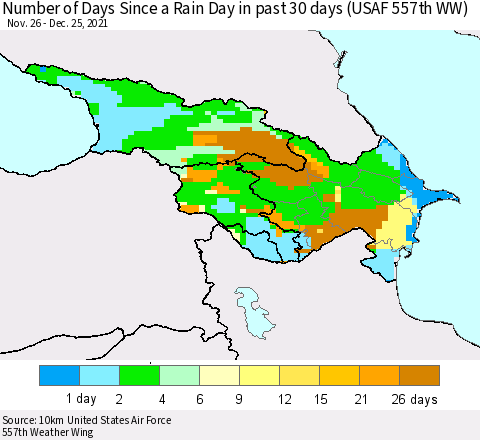 Azerbaijan, Armenia and Georgia Number of Days Since a Rain Day in past 30 days (USAF 557th WW) Thematic Map For 12/21/2021 - 12/25/2021