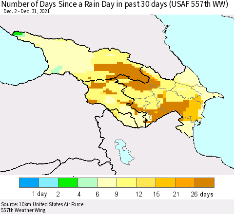 Azerbaijan, Armenia and Georgia Number of Days Since a Rain Day in past 30 days (USAF 557th WW) Thematic Map For 12/26/2021 - 12/31/2021