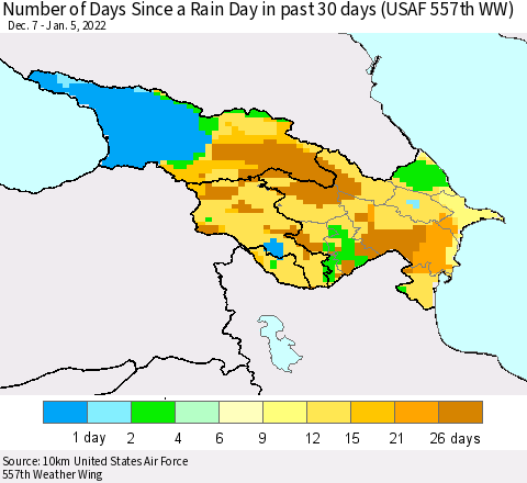 Azerbaijan, Armenia and Georgia Number of Days Since a Rain Day in past 30 days (USAF 557th WW) Thematic Map For 1/1/2022 - 1/5/2022