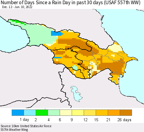 Azerbaijan, Armenia and Georgia Number of Days Since a Rain Day in past 30 days (USAF 557th WW) Thematic Map For 1/6/2022 - 1/10/2022
