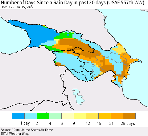 Azerbaijan, Armenia and Georgia Number of Days Since a Rain Day in past 30 days (USAF 557th WW) Thematic Map For 1/11/2022 - 1/15/2022