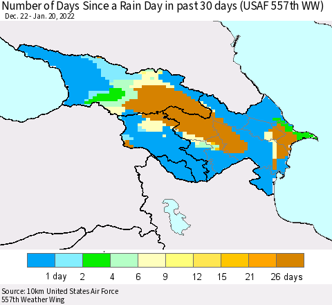 Azerbaijan, Armenia and Georgia Number of Days Since a Rain Day in past 30 days (USAF 557th WW) Thematic Map For 1/16/2022 - 1/20/2022